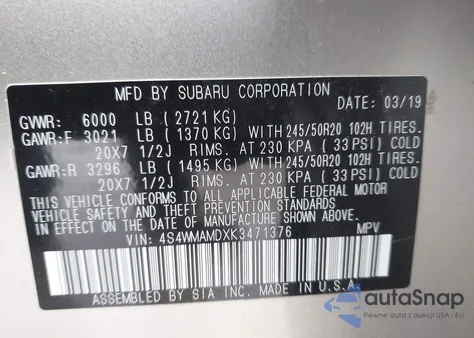 2019 Subaru Ascent Limited z USA, uszkodzony, nr VIN 4S4WMAMDXK3471376